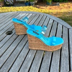 New Nine West Rapps blue size 8 1/2‎ Cork Wedge Chunky Sandals